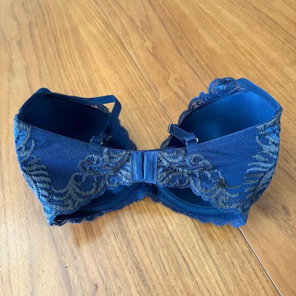 Natori Bra 32DD Feathers Plunge T Shirt Navy Gray Underwire Lace 730023 - Picture 5 of 13